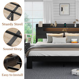 QNICE Wooden King Size Bed Frame with Storage Headboard & Charging Station, Farmhouse Platform Bedframe with LED Lights & Metal Slats Support, Easy Assembly (Rustic Black) QNICE