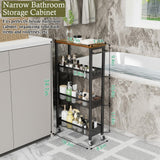 OKZEST Utility Slim Storage Cart, 4 Tier Small Rolling Kitchen Laundry Room Cart with Wood Top, Metal Narrow Bathroom Storage Cabinet Mobile Shelf Unit Organizer Trolley with Handle for Narrow Space OKZEST
