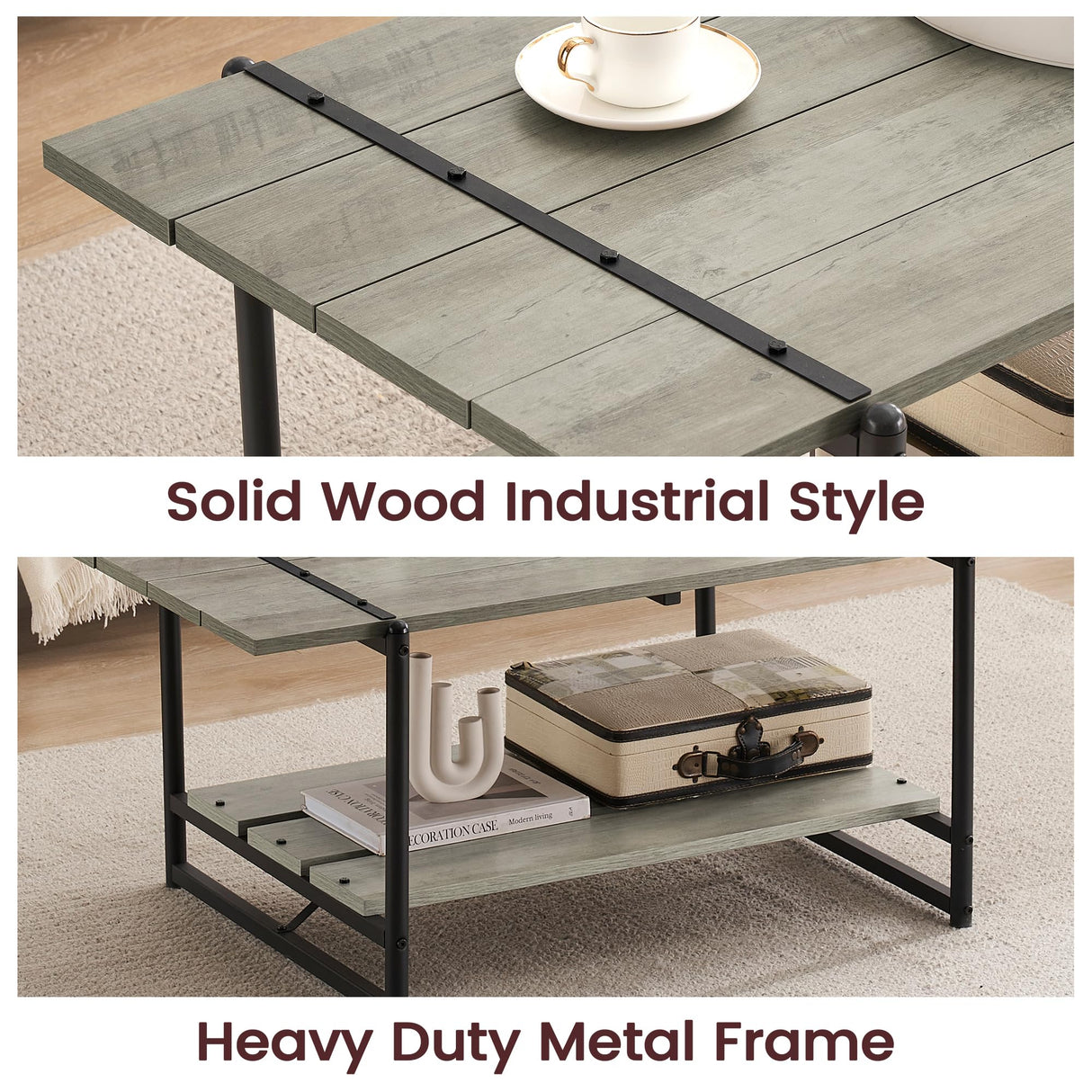 2-Tier Farmhouse 41'' Large Gray Wood Coffee Table with Storage Shelf -Modern Rustic Metal Rectangle Center Living Room Coffee Table Accent Furniture for Home Office,Easy Assembly(Grey) IDEALHOUSE