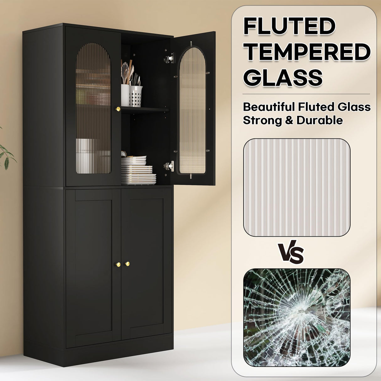 BOMETAO 71" Tall Kitchen Pantry Cabinet, Kitchen Storage Cabinet with Glass Doors and Adjustable Shelves, Wood Food Pantry Cabinet, Freestanding Cupboard for Kitchen, Dining Room, Black BOMETAO