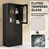 BOMETAO 71" Tall Kitchen Pantry Cabinet, Kitchen Storage Cabinet with Glass Doors and Adjustable Shelves, Wood Food Pantry Cabinet, Freestanding Cupboard for Kitchen, Dining Room, Black BOMETAO