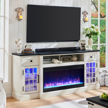 JXQTLINGMU Fireplace TV Stand for 80 Inch TV, Farmhouse Highboy Entertainment Center w/LED Lights & 36" Electric Fireplace, Large Media Console w/Glass Door Cabinet & Storage Drawer, White