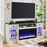ACCOHOHO Farmhouse Fireplace TV Stand for 80 Inch TV, Entertainment Center w/ 36'' Electric Fireplace & LED Lights, Mordern Media Console with Storage Drawers & Cabinets for Living Room, White ACCOHOHO