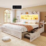 LUXOAK Distressed White King Bed Frame with Bookcase Headboard, RGB LED & Charging Station LUXOAK