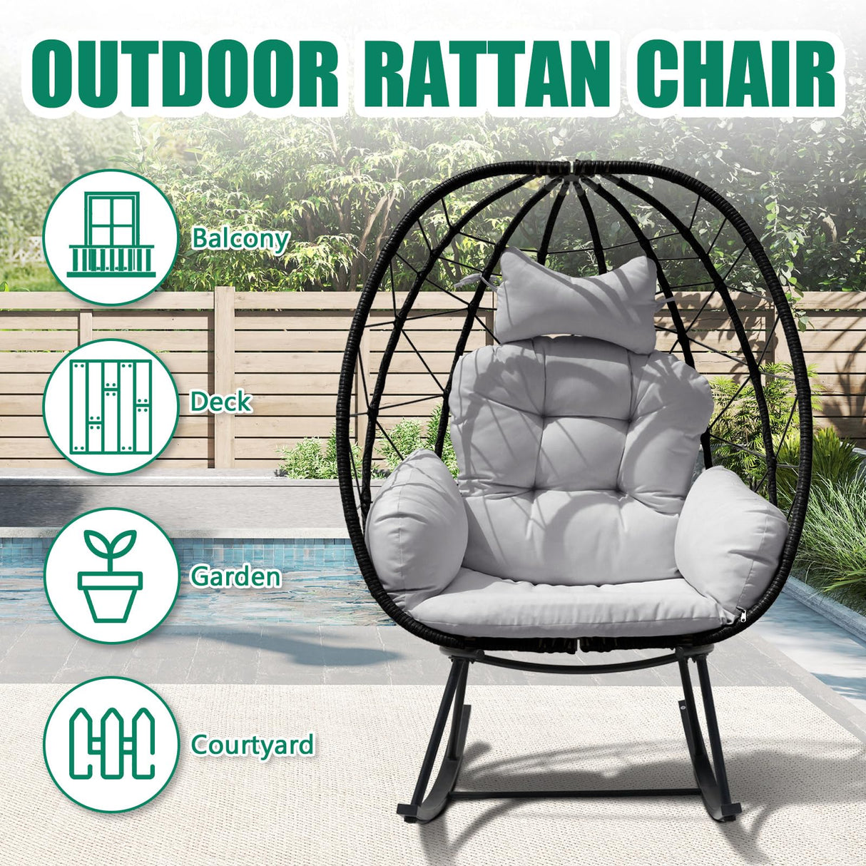 FKSLIFE Wicker Egg Chair Outdoor,Rocking Chair Outdoor with Cushion,330lb Capacity,All-Weather Rattan Patio Egg Chair Lounger for Room,Balcony,Backyard,Garden (Light Grey Cushion) FKSLIFE