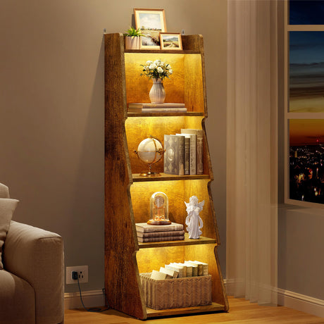 Hoctieon 5-Tier Open Bookcase and Bookshelf with LED Light, Floor Standing Display Storage Shelves, Wood Modern Display Organizer for Home Office, Living Room, Bedroom, Study, Rustic Brown Hoctieon