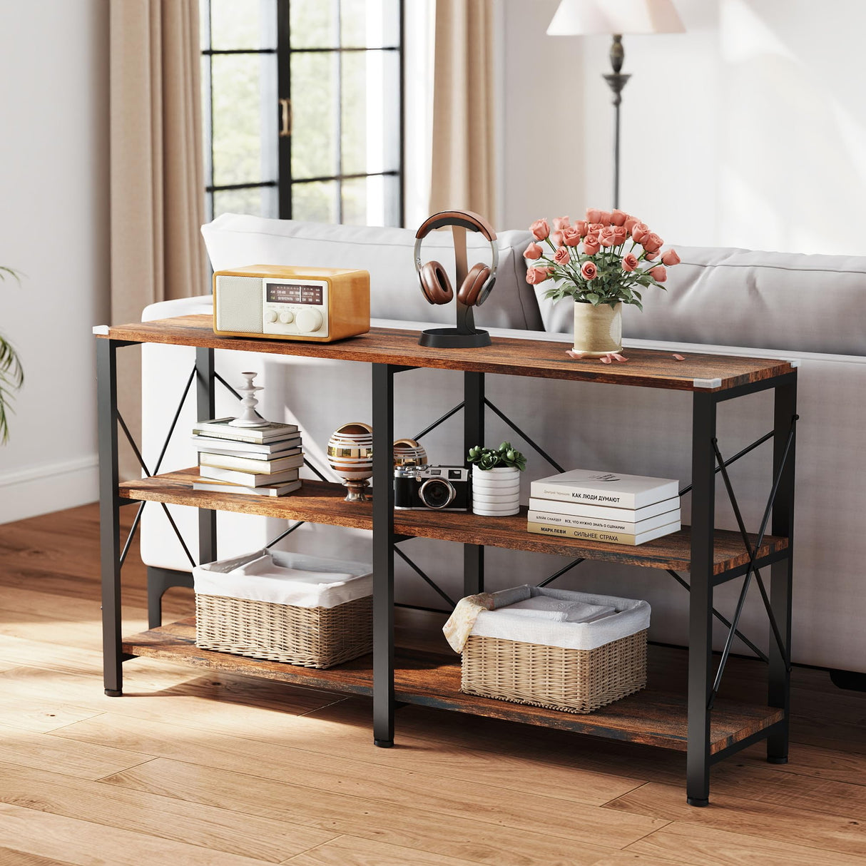 Skandiquip 55" 3 Tier Industrial Book Shelf, Free Standing Horizontal Low Metal Rustic Farmhouse Book Case with Wood Shelves for Home Office, Den, or Living Room Rustic Brown and Black Skandiquip