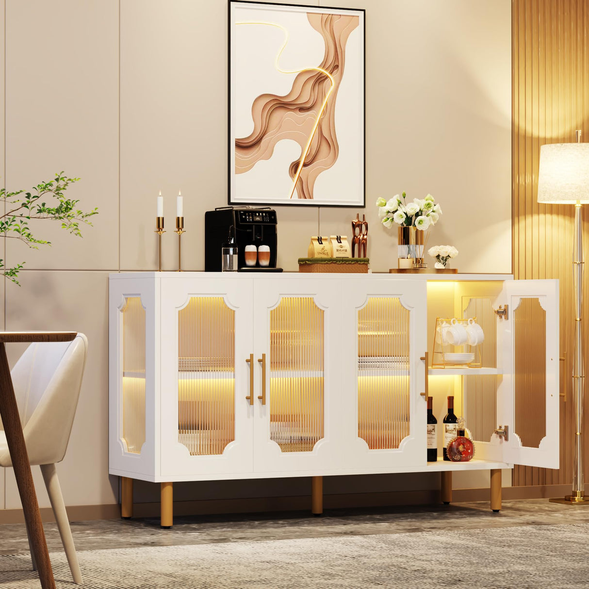 Tribesigns Modern Buffet Cabinet, LED Light Sideboard Cabinet with Acrylic Doors, 55" Coffee Bar Accent Storage Cabinet for Living Room, Dining Room, White Tribesigns
