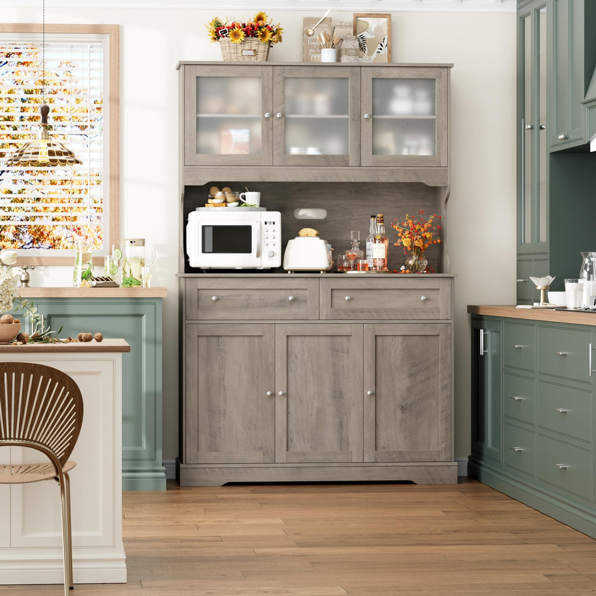 FACBOTALL 71.9" Kitchen Pantry Cabinet, Tall Storage Cabinet, Kitchen Cabinets with Countertop and Outlets, Farmhouse Kitchen Pantry Storage Cabinet with Doors and Shelves for Kitchen, Wash Gray FACBOTALL