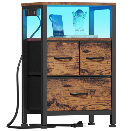 Furnulem Led Nightstand with Charging Station, Bedside Table with 3 Fabric Drawers and Storage Shelf, End Table with USB Ports and Outlets, Small Night Stand for Bedroom, Rustic Brown Furnulem