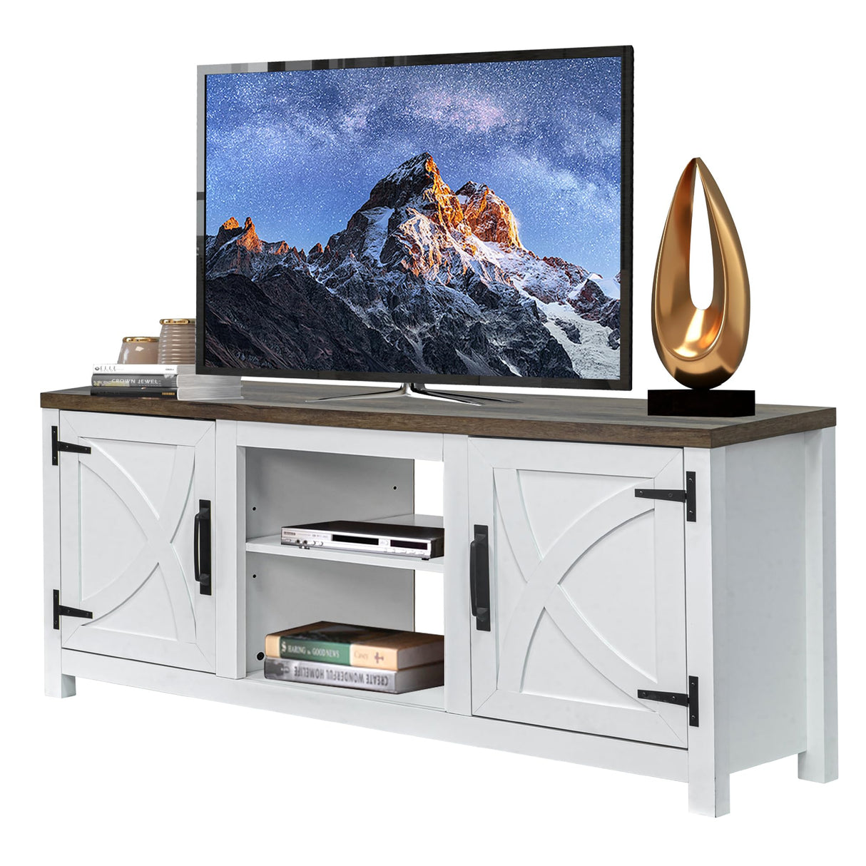 COMEFFIE Modern 58" TV Stand, Media Entertainment Center for TV up to 65 Inch, Console Table with Storage Cabinets for Living Room (White Without Fireplace) COMEFFIE