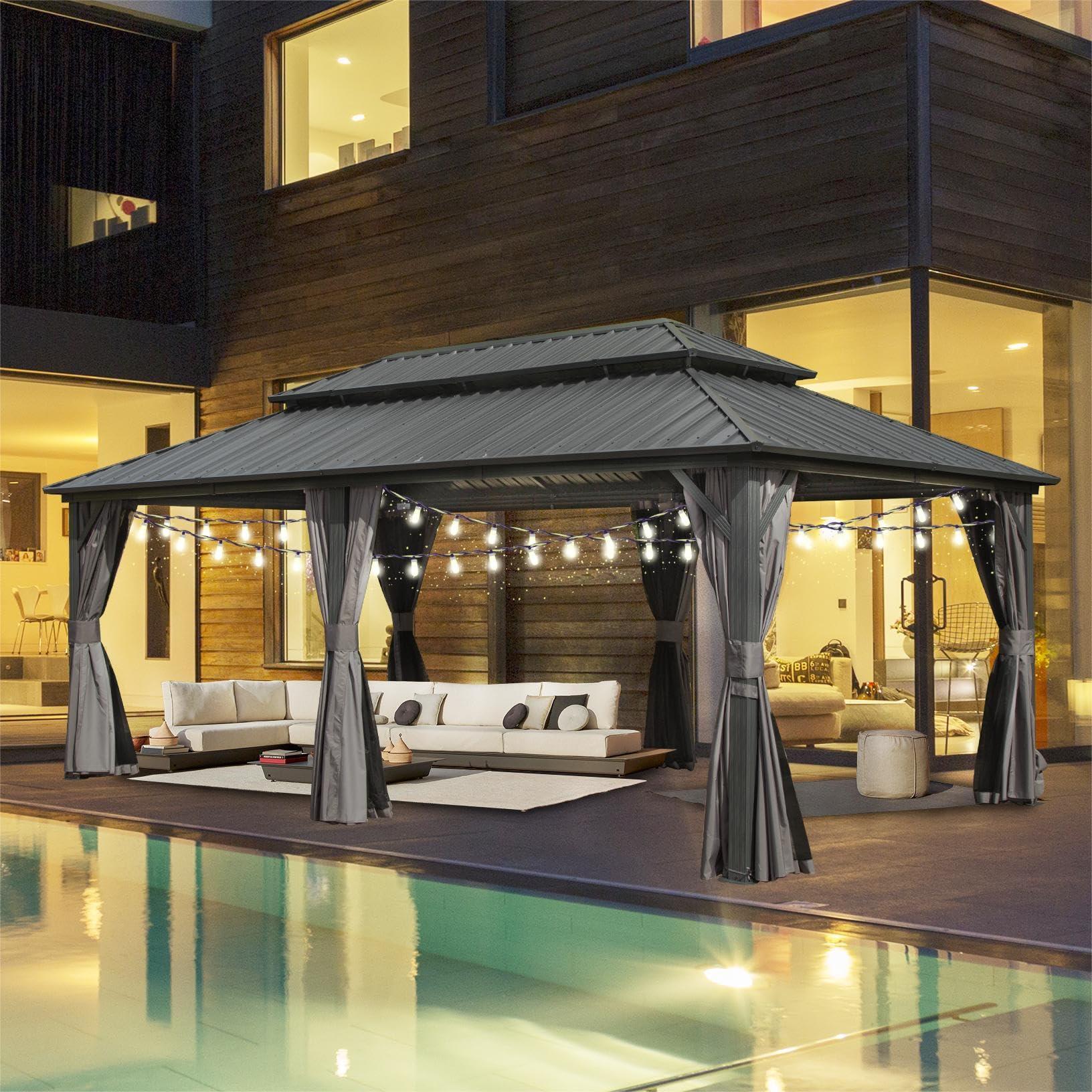 SHPAI 12’ x 20’ Hardtop Gazebo, Outdoor Aluminum Gazebo with Galvanized Steel Double Roof Canopy, Outdoor Permanent Metal Pavilion with Curtains and Netting for Patio, Backyard and Lawn, Dark - WoodArtSupply