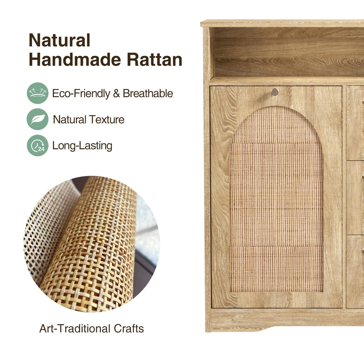 Natural Rattan Storage Cabinet with 3 Drawers, Tilt Out Trash Can Cabinet for 10 Gallon Trash Can for Laundry Hamper, Accent Furniture, Dual Dog Proof Garbage Can Cabinet for Living Room, Barthroom FiveWillowise