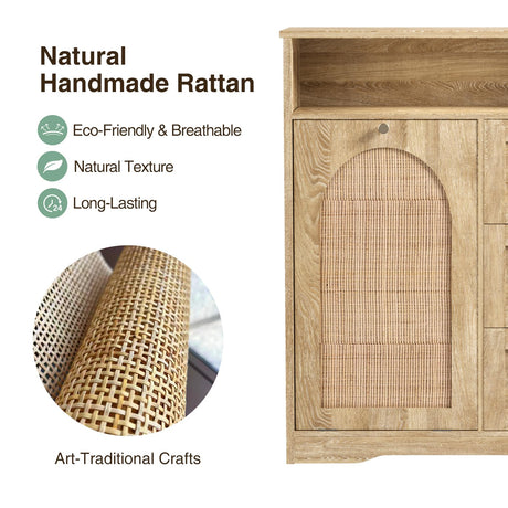 Natural Rattan Storage Cabinet with 3 Drawers, Tilt Out Trash Can Cabinet for 10 Gallon Trash Can for Laundry Hamper, Accent Furniture, Dual Dog Proof Garbage Can Cabinet for Living Room, Barthroom FiveWillowise