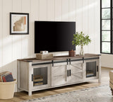 WAMPAT Farmhouse TV Stand for ups to 75 inch TV, Wooden Entertainment Center with Mesh Barn Doors, Media Console with Storage Shelf for Living Room Bedroom, Rustic Oak and White WAMPAT