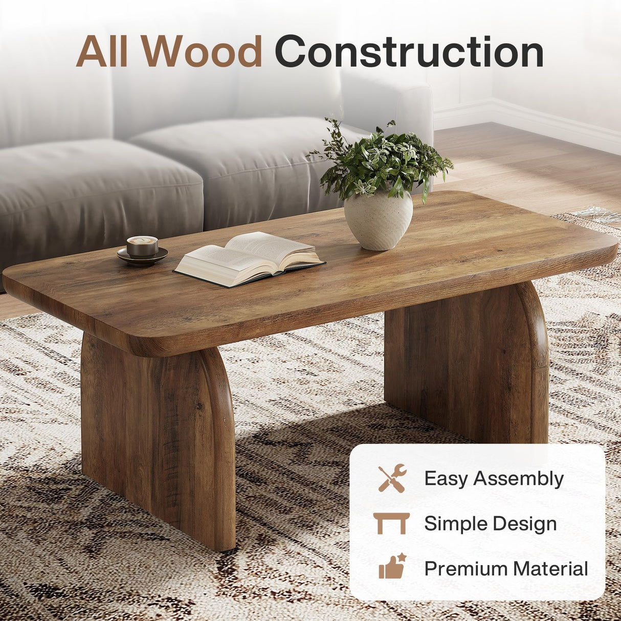 Tribesigns Coffee Table for Living Room, 47-Inch Farmhouse Rectangule Center Table with Rounded Corners, Mid-Century Modern Low Large Cocktail Tea Furniture, Easy Assembly (Rustic Brown) Tribesigns