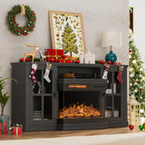 YESHOMY Glass Fireplace TV Stand for Televisions up to 65", Media Entertainment Center Console Table with Doors Closed Storage, Black with Wood Grain YESHOMY