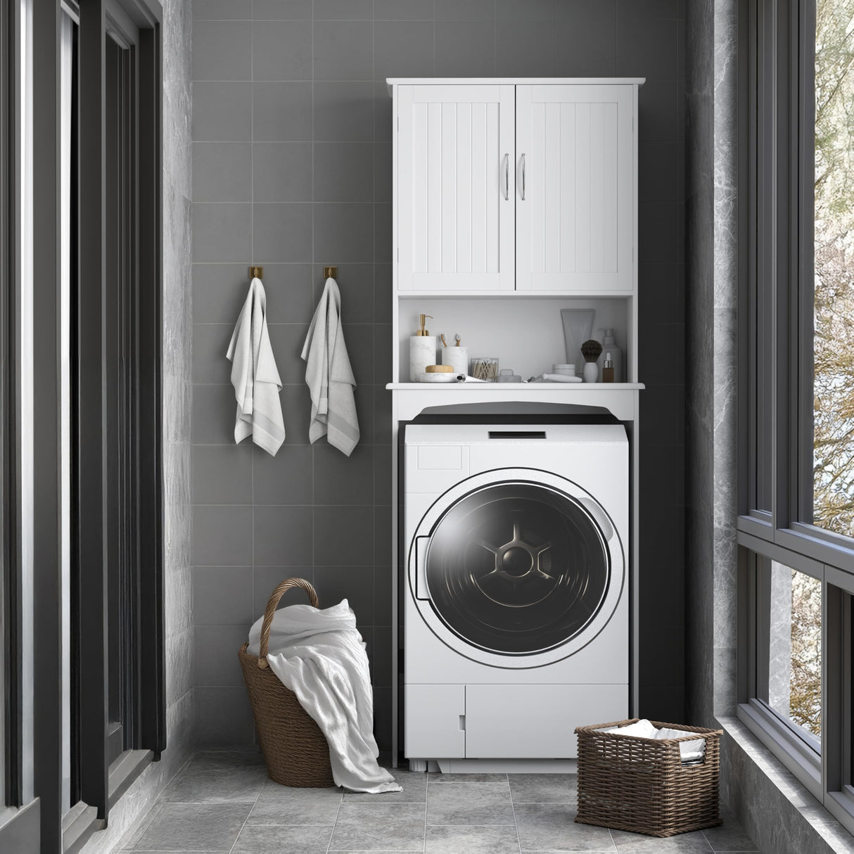 Yaheetech Over The Toilet Cabinet, Double Door Bathroom Storage Organizer, Toilet Rack with Inner Adjustable Shelf and Open Storage Shelf, White Yaheetech