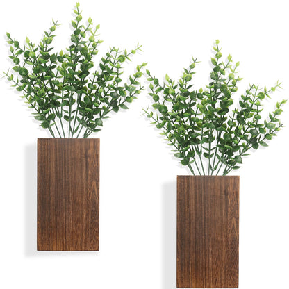 2 Pack Wood Wall Planter Vase with Artificial Eucalyptus, Modern Indoor Wall Hanging Decor for Home Living Room Bedroom Farmhouse Wooden Pocket Vases for Dried Flowers and Faux Greenery Plant - WoodArtSupply