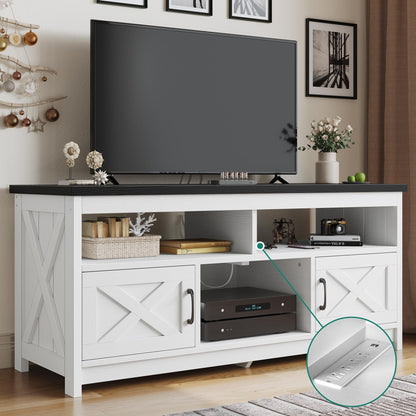 YITAHOME TV Stand for 65 55 Inch TV with Power Outlet, Farmhouse Entertainment Center with Storage Cabinets and Open Shelf, Rustic Media Console TV Cabinet for Living Room, White/Black