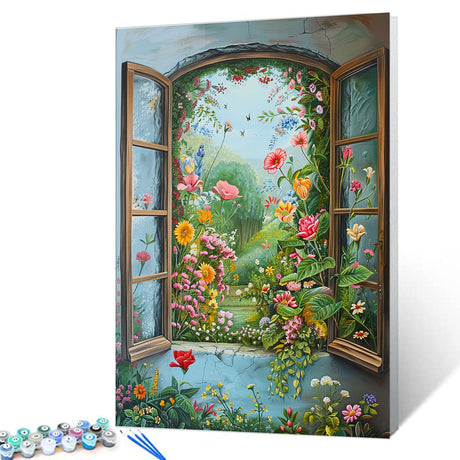 Tucocoo Flowers in Window Paint by Number for Adults, DIY Watercolor Oil Painting Kits on Canvas with Brushes and Acrylic Paints, Nature Realistic Style Picture for Home Decor 16x20inch (Frameless) Tucocoo