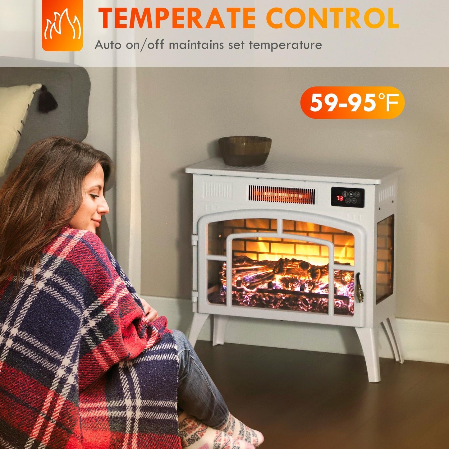 HOMCOM Electric Fireplace Stove, 22" Freestanding Portable Infrared Fireplace Heater with Realistic Flame Effect, Overheating Protection & Adjustable Temperature for Indoor, 1500W, White