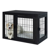 Furniture-Style Dog Crate - Acacia Wood Kennel for Medium Dogs with Double Doors and Cushion - Dog Cage Furniture by PETMAKER (Black) PETMAKER
