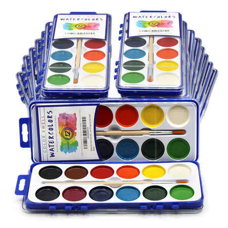 Watercolor Paint Pack with Wood Brushes 12 Washable Colors (0.61 Ounce (Pack of 18)) Color Swell