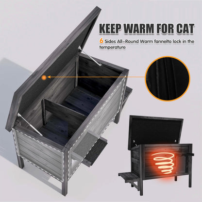 Black Outdoor Cat House Weatherproof Feral Cat Enclosure with Ice Pad for Summer, 100% Insulated All-Round Foam, Wood Large Feral Cat House for Multiple Cats 34.25" L*21.65" W*24.78" H