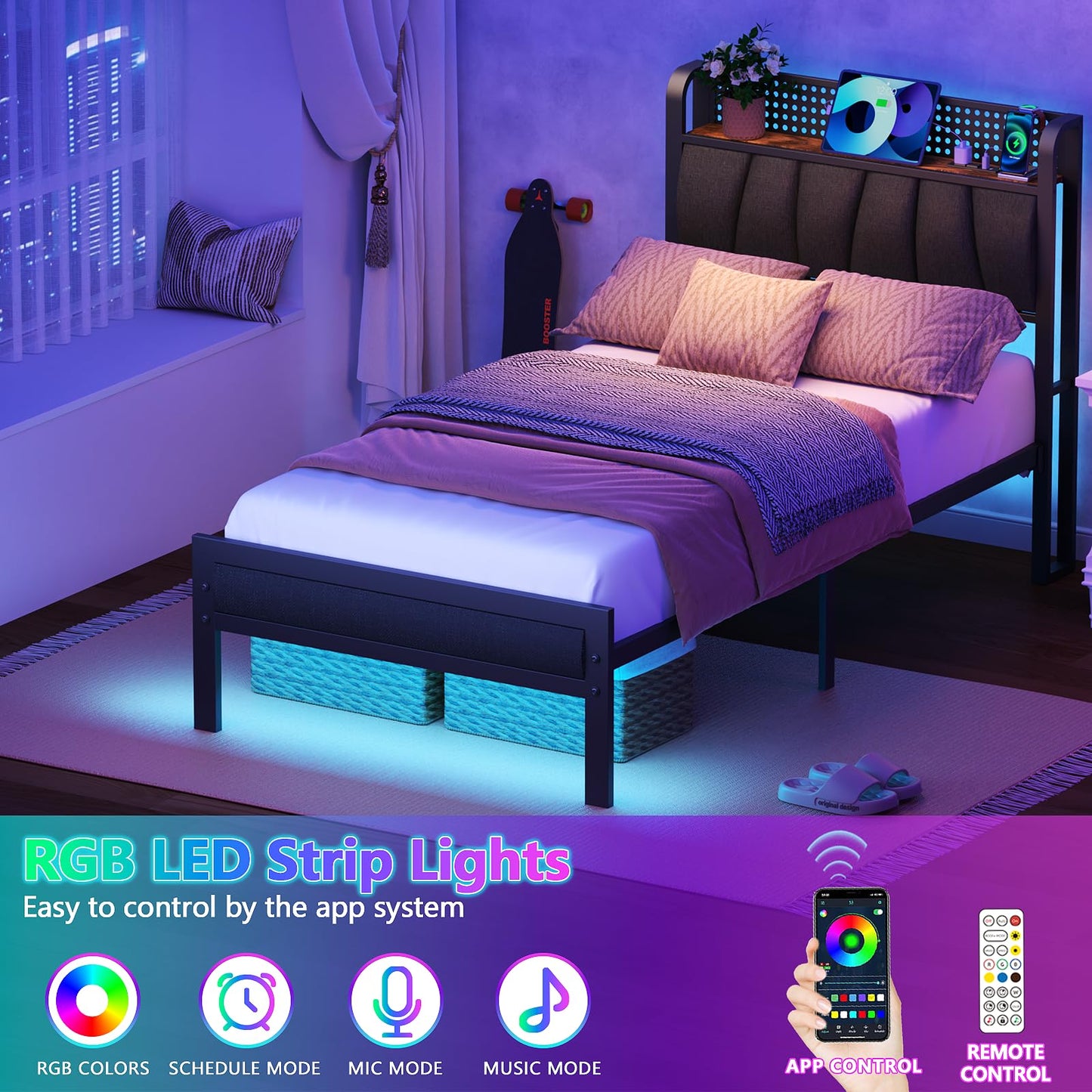 Furnulem Twin Size Bed Frame with LED Lighting, Charging Station, and Upholstered Storage Headboard in Grey - WoodArtSupply