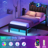 Furnulem Twin Size Bed Frame with LED Lighting, Charging Station, and Upholstered Storage Headboard in Grey Furnulem