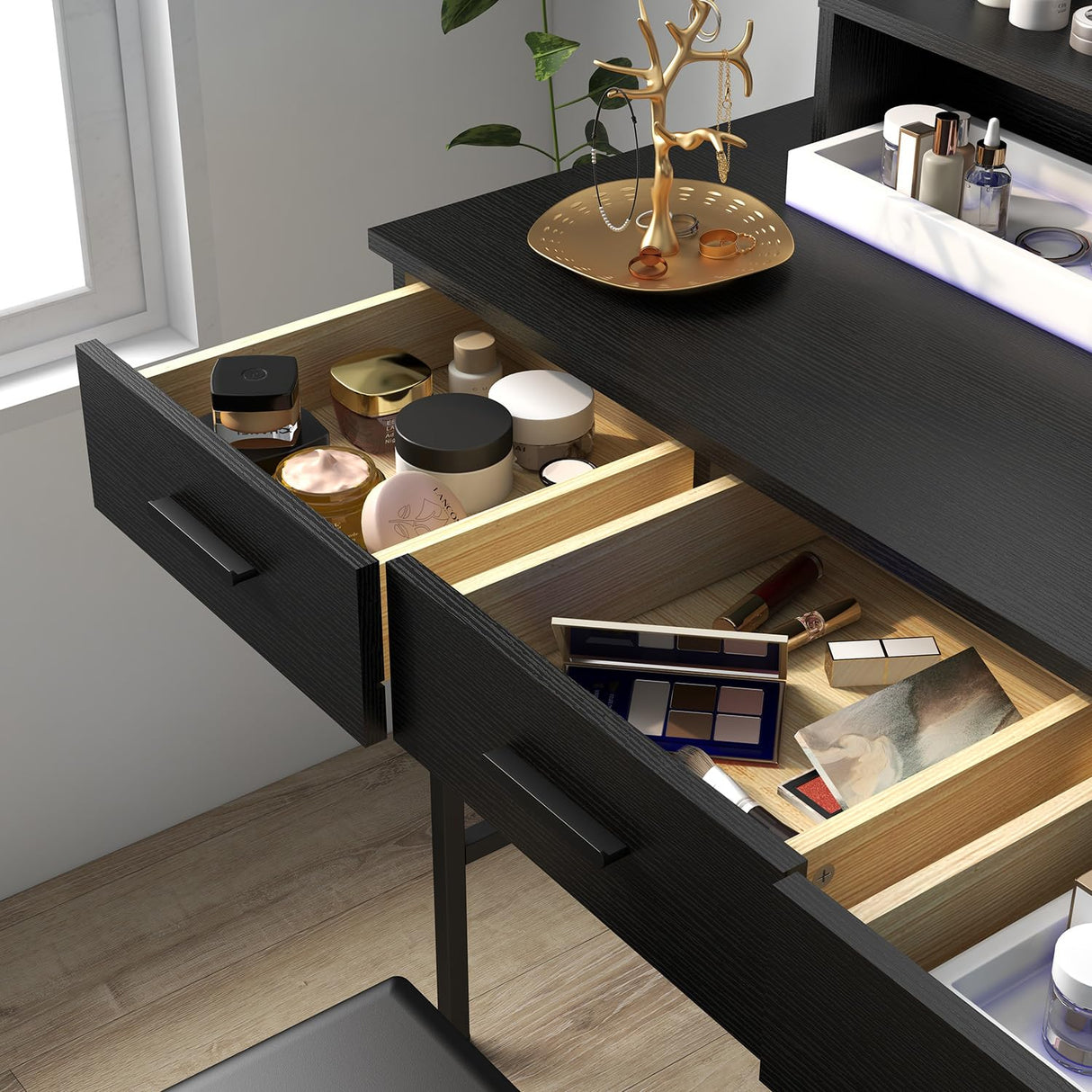 Vanity Table with Lighted Mirror, 3 Drawers Makeup Desk Dressing Table with Lots Storage Vanity Set with Wider Cushioned Stool for Bedroom (Black) Panana