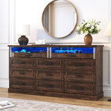 Hlivelood 63" Farmhouse 11 Drawer Dressers for Bedroom, Brown Wood Dresser w/Glass Top&Front Display Organizer, Bedroom Closet Island Chest of Drawers, for Living Room, Bedrooms, Hallway, Brown Hlivelood