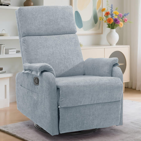 Korser Recliner Chairs, Swivel Rocking Recliner Chair for Adults, Glider Rocking Chair, Small Nursery Chair Recliner for Living Room, Reclining with Modern-Designed Armrests, Chenille, Blue Korser