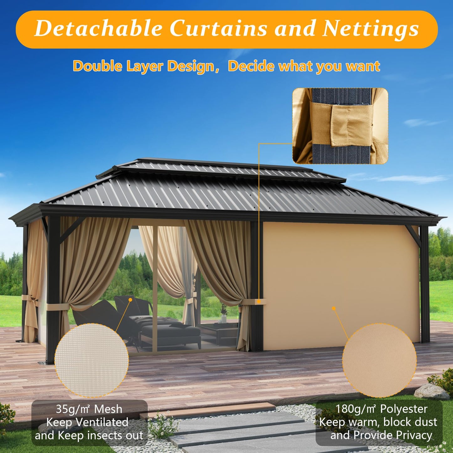 HOTEEL 12x20ft Hardtop Gazebo Heavy Duty Gazebo with Galvanized Steel Double Roof, Permanent Gazebo with Netting and Curtains, Aluminum Frame Outdoor Gazebo for Patio, Backyard, Deck and Lawn - WoodArtSupply