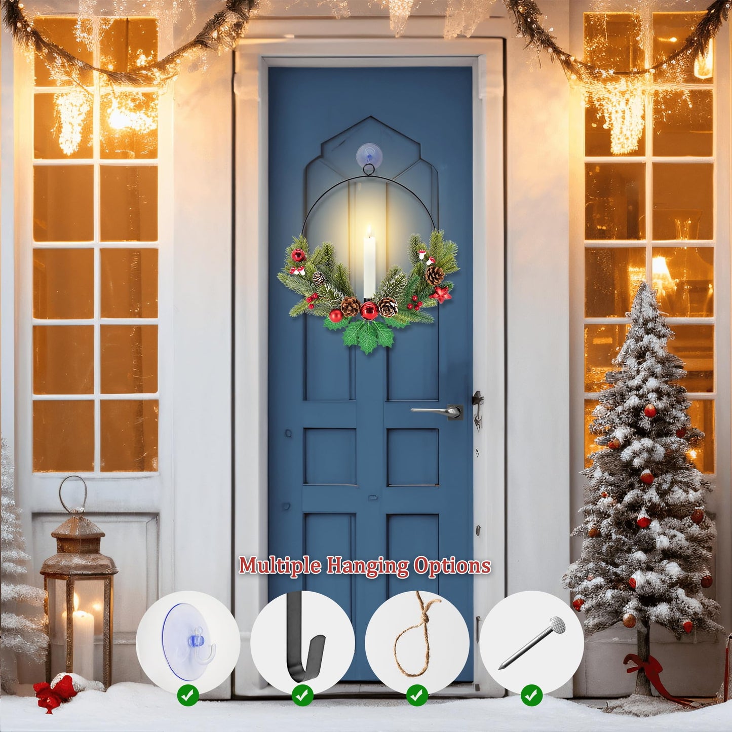 2Pack Christmas Wreaths for Front Door with LED Taper Candles, 16-inch Window Wreath Christmas with Light & Remote, Battery Operated Outdoor Winter Ornaments Christmas Decorations丨Basic丨