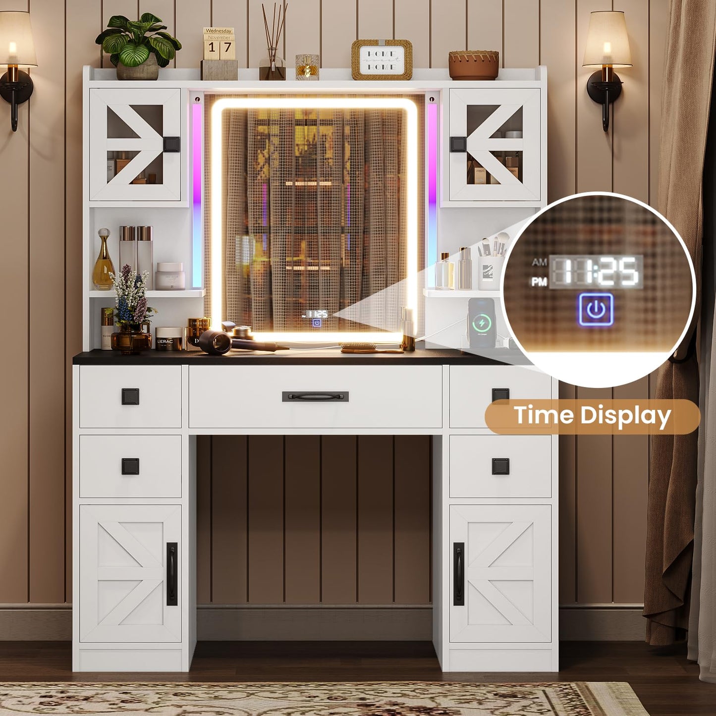 Tiptiper Farmhouse Vanity with Touch Screen Mirror & Time Display, Large Makeup Vanity with Charging Station, Vanity Desk with Mirror and RGB Lights, Makeup Desk with 5 Drawers, White & Black