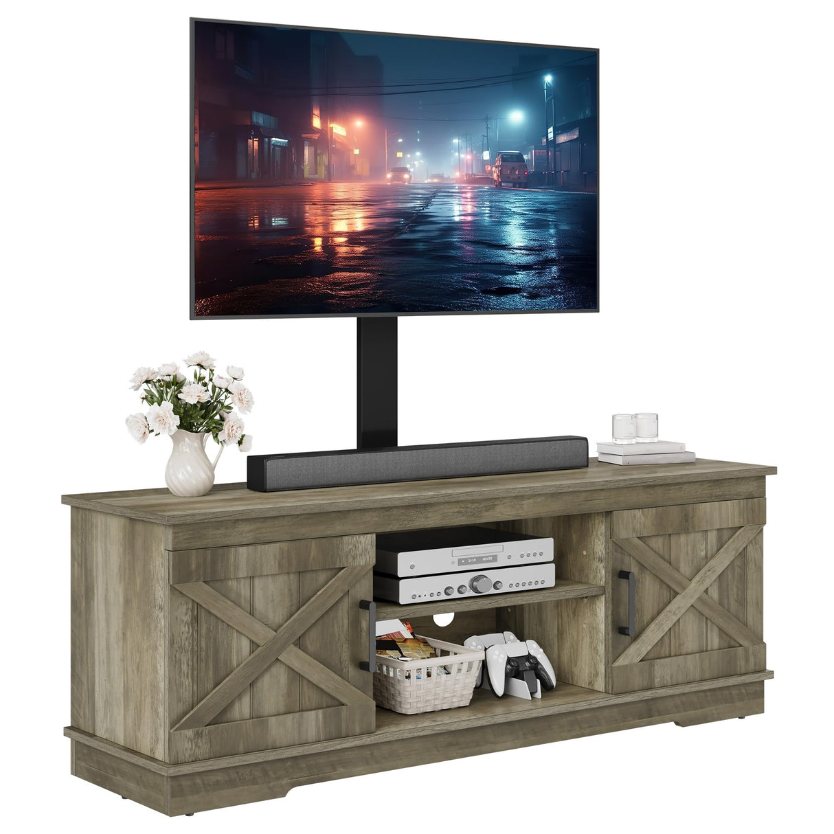YITAHOME Farmhouse TV Stand with Mount, Sturdy TV Stand Mount for 32/45/55/60/65/70 inch TVs, Entertainment Center with Adjustable Shelf, TV Cabinet Media Console for Living Room, Grey YITAHOME