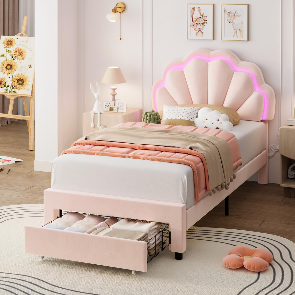 HIFIT Twin Upholstered Smart LED Bed Frame with Storage Drawer and Adjustable Chic Double Petal Headboard, Princess Platform Bed for Girls/Kids, Solid Wood Slats Support, No Box Spring Needed, Pink HIFIT