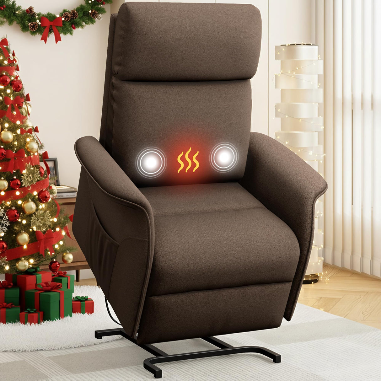 OKUP Power Lift Recliner Chair with Massage and Heat for Elderly, Electric Recliner Chairs for Adults with Side Pocket Remote Control, Infinite Position, Fabric (Brown) OKUP