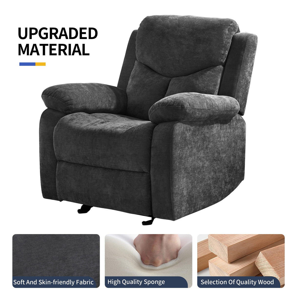 Sftaiyou Manual Rocker Recliner Massage Chair for Adults,Overstuffed Glider Rocking Recliner Fabric Chair for Living Room,Upholstered Soft Reclining Chair with Side Pocket (Dark Grey) Sftaiyou