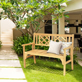 Tangkula Teak Folding Acacia Wood Garden Bench for 2 – Space-Saving, Ergonomic Design with Stylish Lattice Backrest Tangkula