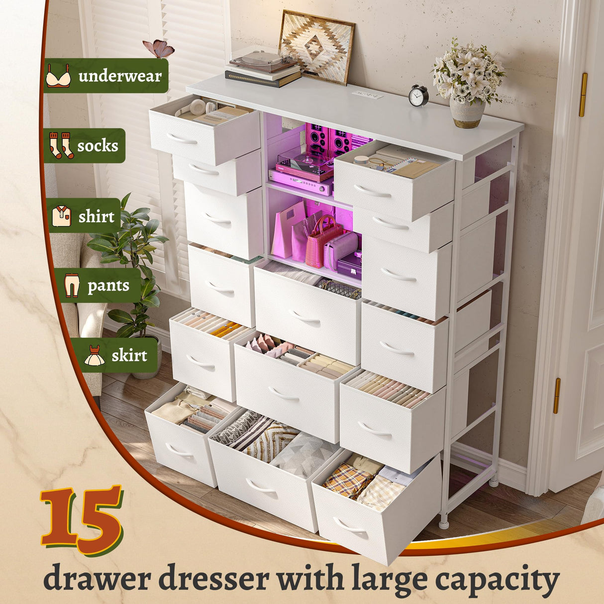 EnHomee 51" H White Dresser with 15 Drawers Dresser for Bedroom with Charging Station & LED Lights & Hutch Sturdy Bedroom Dressers, Steel Frame, Wood Top, 51.2" H x 39.3" W x 11.8" D EnHomee