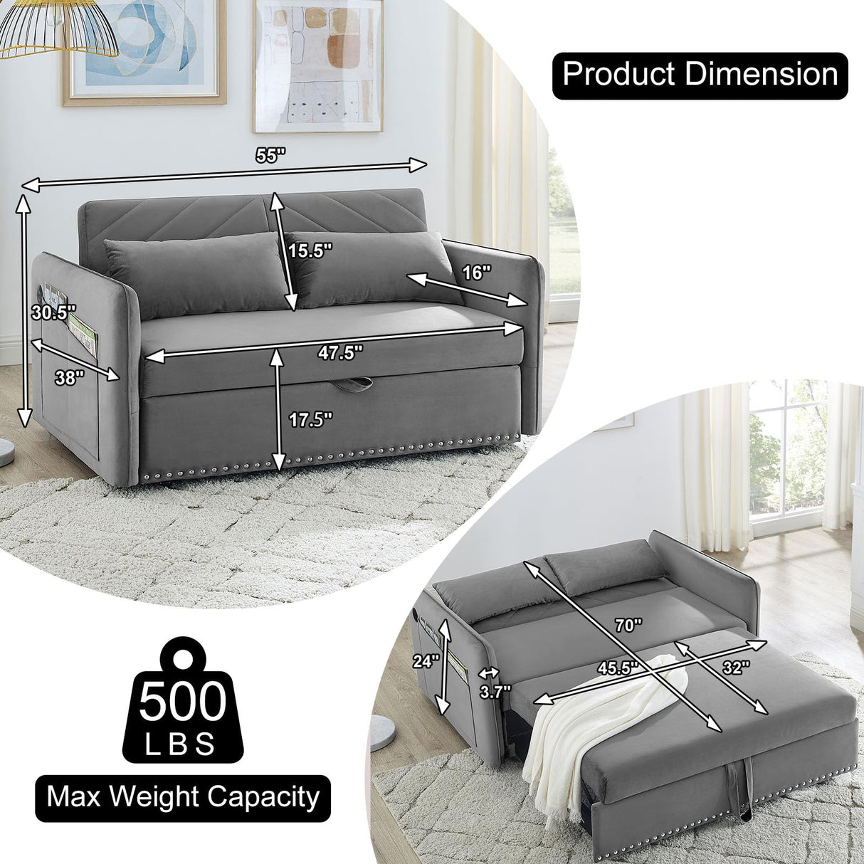 howcool 3 in 1 Convertible Sleeper Futon Sofa Bed, 55" Velvet Small Loveseat Lounge Couches with 2 Pillows, Reclining Backrest, USB Ports & Side Pockets for Living Room, Pull-Out Couch, Light Grey howcool