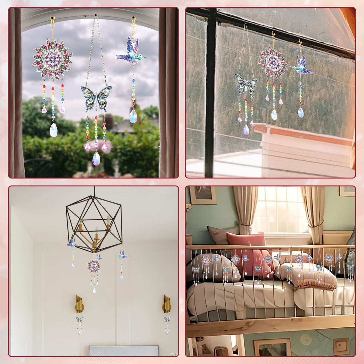Funshot 3 Pcs DIY Diamond Painting, Small Hummingbird Suncatcher Diamond Art Kits for Adults, Butterfly Decor Diamond Art Kit, Hanging Ornaments Wind Chime Kit Funshot