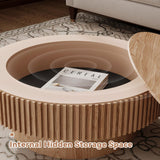 LKTART 31.5'' Natural Coffee Table Modern Handcraft Drum Round Circle Wooden Solid Wood Veneer Tea Table for for Living Room Apartment (Hidden Storage) LKTART