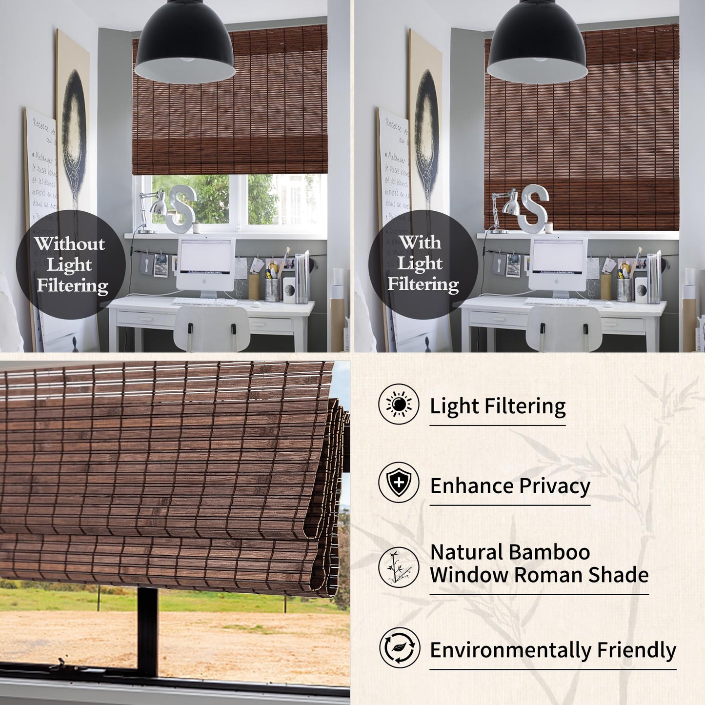 Cordless Bamboo Blinds Roman Shades Natural Weave Bamboo Roll Up Bamboo Blinds for Indoor Windows Home and Garden Easy Installation 42W*72L