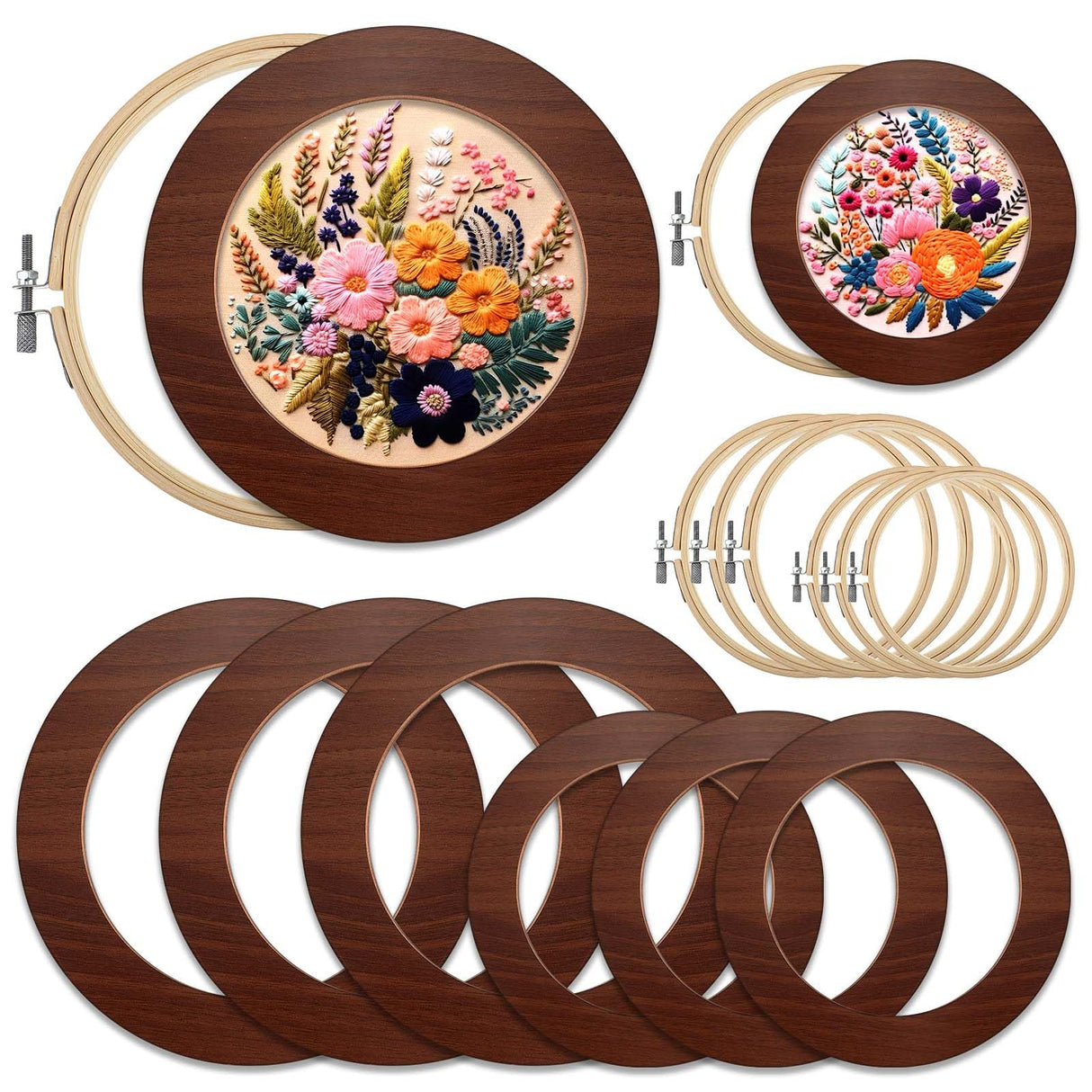 RattanView 12 Pcs 6 Inch and 8 Inch Wood Embroidery Hoop Frame with Embroidery Hoops Round Embroidery Hoops Display Frame for Finished Cross Stitch Hoop Frame DIY Art Craft Sewing Ornaments(Walnut) RattanView