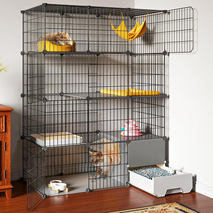 Oneluck Cat Cage with Litter Box,4-Tier DIY Cat Enclosures Large Playpen Detachable Metal Wire Kennel Indoor Crate Large Exercise Place Ideal for 1-2 Cat,41.3" L x 17.8" W x 55.1" H