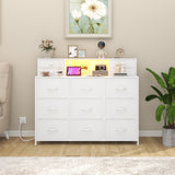 Welfuturer White Dressers for Bedroom with Power Outlets and LED Lights 13 Drawers Dresser Faux Leather Fabric Chest of Drawers for Bedroom Living Room Hallway Entryway Closets Sturdy Frame Wood Top Welfuturer
